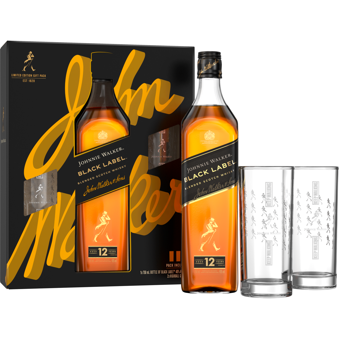 Johnnie Walker Black Label 12 Year Old Gift Pack with Glasses