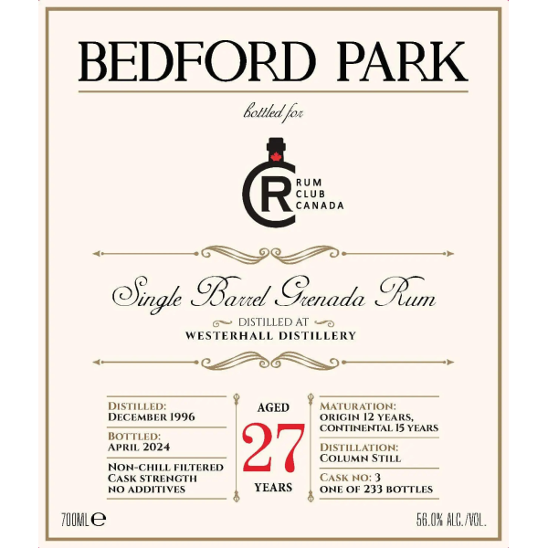 Bedford Park Westerhall Grenada Rum 27 Year Old 56% ABV