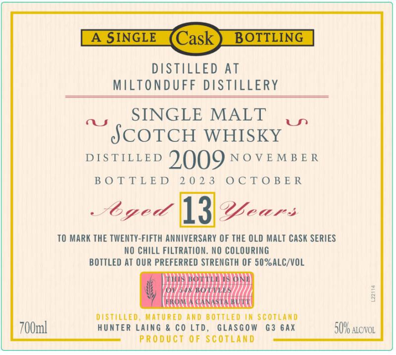 Hunter Laing Old Malt Cask 25th Anniversary Miltonduff 13 Year Old 2009