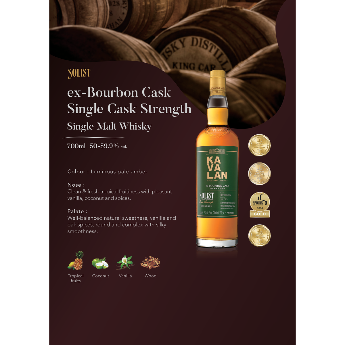 Kavalan Solist Ex-Bourbon Cask Taiwanese Single Malt Whisky 53.20