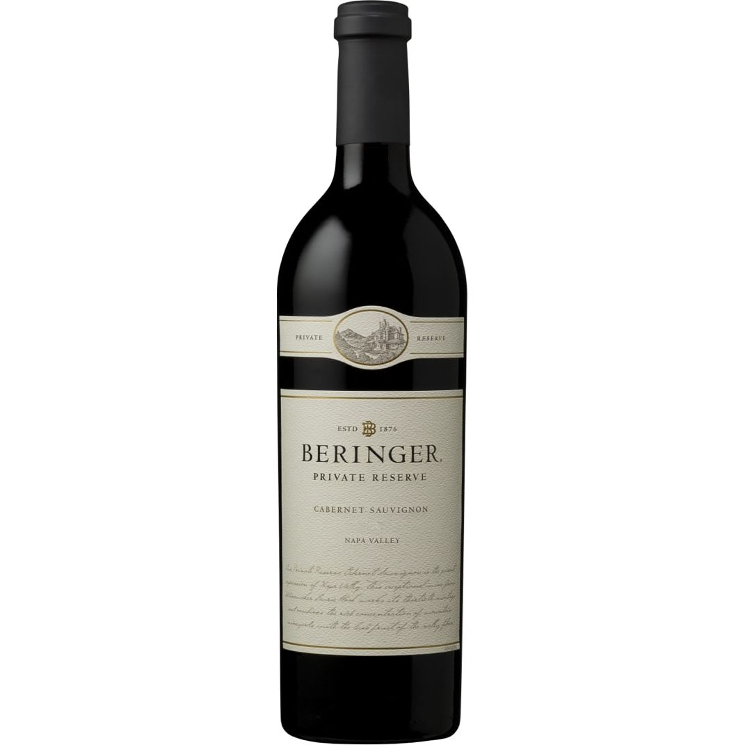 Beringer Private Reserve Cabernet Sauvignon wine bottle on a black background
