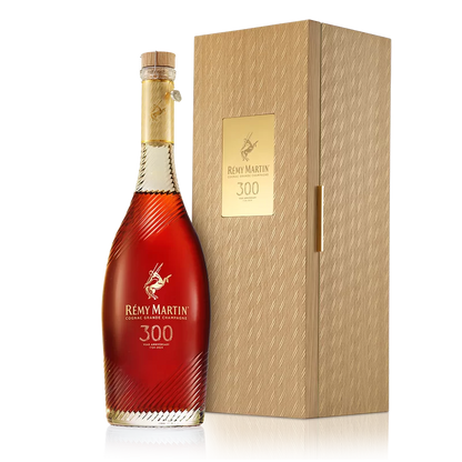 Remy Martin cognac bottle with wooden box on a white background